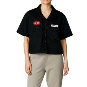 Airwalk Streetwear Boxy Crop Short Sleeve Camp Button Down Shirt Large Black